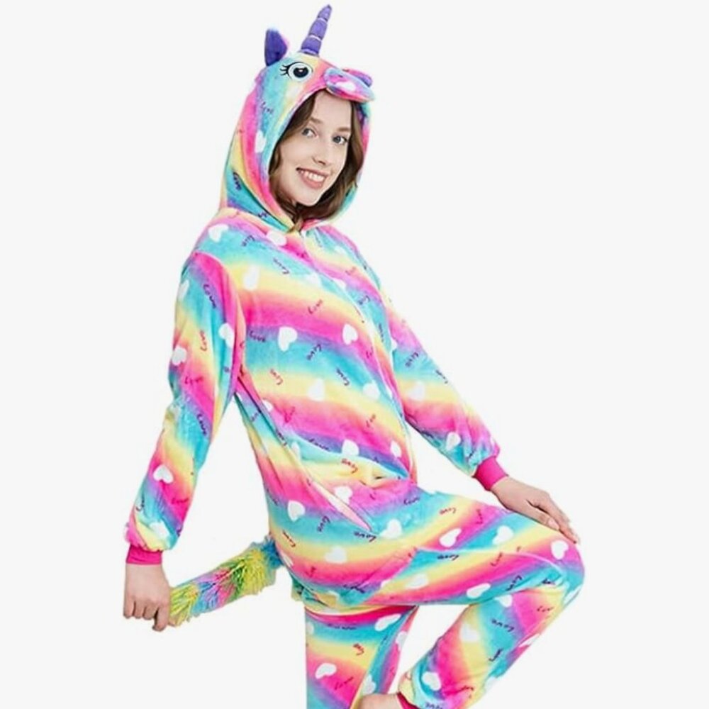 NWOT Adult Onepiece Unicorn Pajamas Halloween Costume - Size Large Rainbow